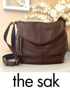 The Sak Brown Leather Flapover Boho Crossbody/Shoulder Bag Brass Grommet Details